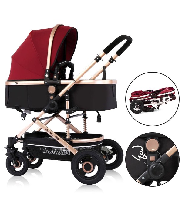 Folding Aluminum Infant Baby Stroller Kids Foldable Pushchair Bassinet and Car Baby Stroller - Beige