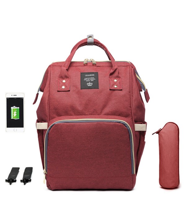 Waterproof Baby Nappy Diapers Bags Tote Mummy Travel USB Port Backpack - Wine Red