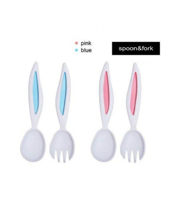 Rabbit Ears Baby Spoon and Fork Set Children Tableware Kids Cutlery Baby Learnning Dishes Dinnerware -  Pink