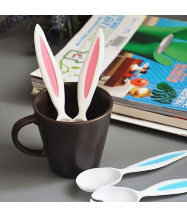 Rabbit Ears Baby Spoon and Fork Set Children Tableware Kids Cutlery Baby Learnning Dishes Dinnerware -  Pink