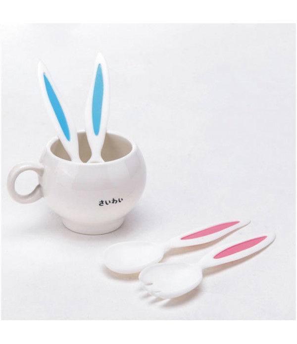 Rabbit Ears Baby Spoon and Fork Set Children Tableware Kids Cutlery Baby Learnning Dishes Dinnerware -  Pink