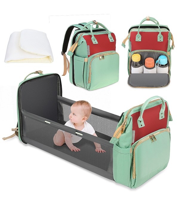 3 IN 1 Baby Diaper Bag With Baby Bed Crib Foldable Mummy Backpack Stroller Hand - red green