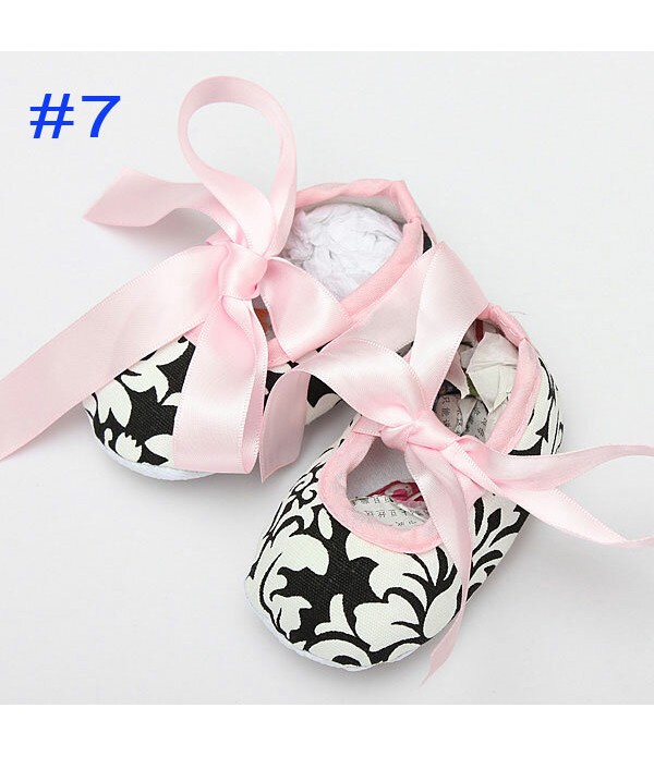 Baby Girls Cotton Crib Shoes Soft Sole Printed Damask Bow 0-18M  - #1 6-12M