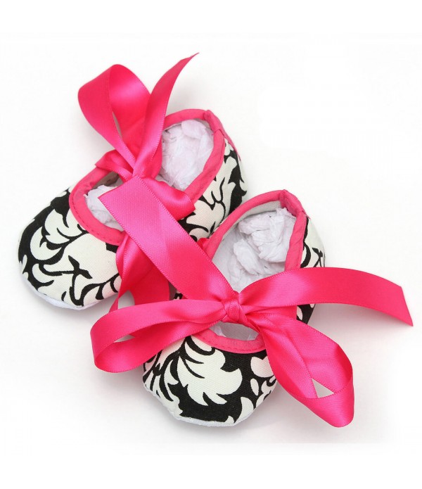 Baby Girls Cotton Crib Shoes Soft Sole Printed Damask Bow 0-18M  - #1 6-12M