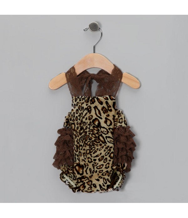 Baby Kids Girls Romper Toddlers Short Lace Flower Sets Sunsuit Outfit - S Brown&amp;Leopard