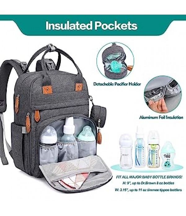 Diaper Bag Backpack - Baby Essentials Travel Bag - Multi function Waterproof Diaper Bag, Travel Essentials Baby Bag with Changing Pad, Stroller Straps & Pacifier Case – Unisex, Dark Gray