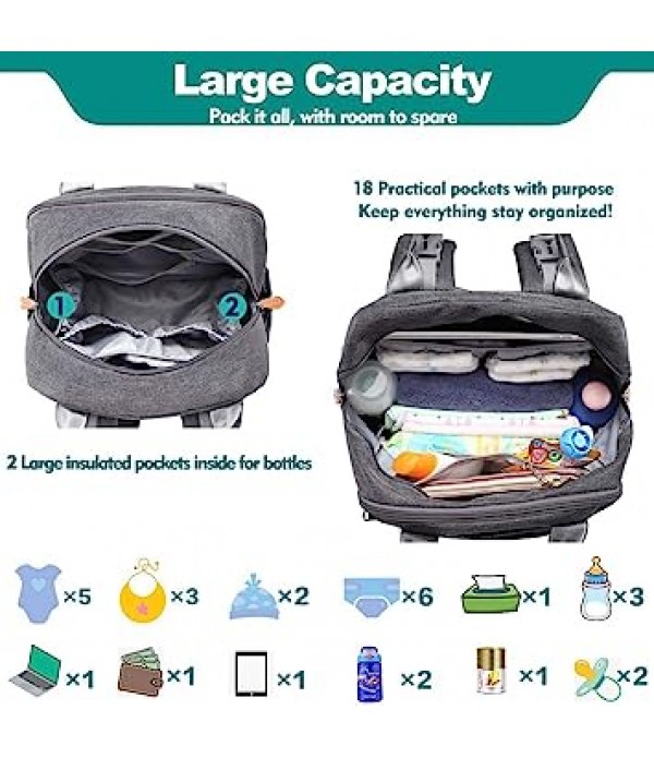 Diaper Bag Backpack - Baby Essentials Travel Bag - Multi function Waterproof Diaper Bag, Travel Essentials Baby Bag with Changing Pad, Stroller Straps & Pacifier Case – Unisex, Dark Gray